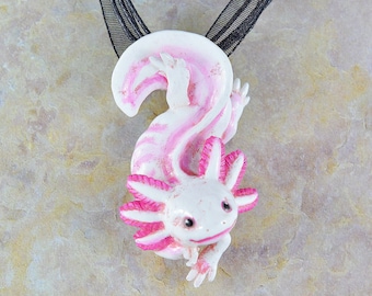 Leucistic Axolotl Necklace - White and Pink Axolotl - Unique Gift for the Animal Lover - IN STOCK and Ready to Ship