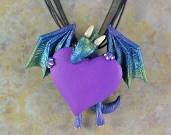 Valentines Heart Dragon Necklace - Aurora Borealis Dragon - PRE ORDER Shipping in 2-4 Weeks