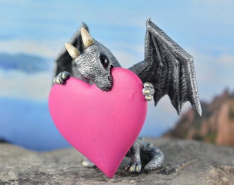 Valentines Day Heart Dragon Sculpture Resin Figurine - Antique Silver Dragon - IN STOCK and Ready to Ship