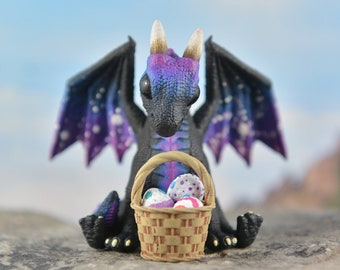 Easter Dragon Sculpture Resin Figurine - Galaxy Dragon in Blue and Purple - With Basket of Easter Eggs - IN STOCK and Ready to Ship