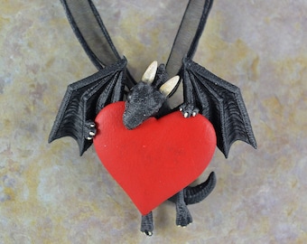 Valentines Heart Dragon Necklace - Black Dragon - IN STOCK and Ready to Ship