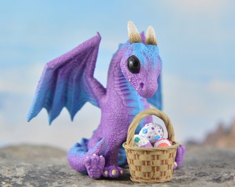 Easter Dragon Sculpture Resin Figurine - Easter Purple and Blue Dragon - With Basket of Easter Eggs - IN STOCK and Ready to Ship