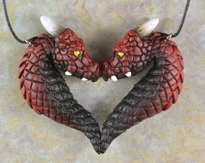 Custom Made Dragon Portrait Heart Necklace - Fire Elemental Dragons - IN STOCK and Ready to Ship
