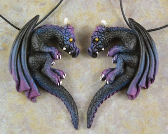 Custom Made Pair of Dragon Heart Friendship Necklaces - 2 Galaxy Elemental Dragons - IN STOCK and Ready to Ship