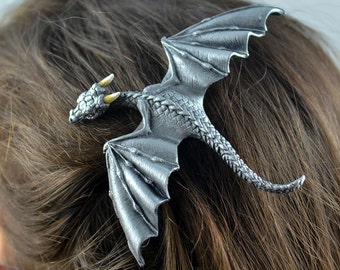 Dragon Hair Clip in Antique Silver - Great Gift for the Dragon Obsessed - In Stock and Ready to Ship