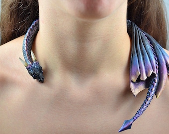 Oil Slick Dragon Draper Necklace -  Shimmering Blue, Purple, Pink and Gold Dragon - IN STOCK and Ready to Ship