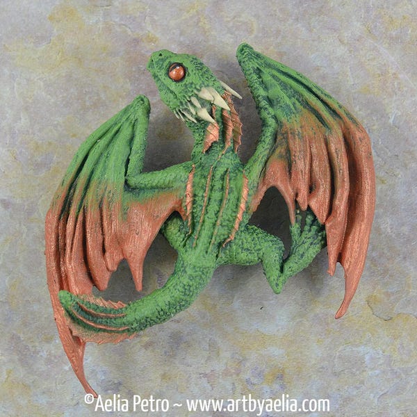 Baby Dragon Brooch - Green and Bronze Dragon Clothing Climber Pin - IN STOCK and Ready to Ship
