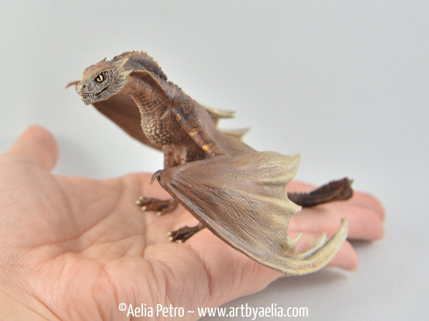 Realistic Baby Dragon Replica Figurine - Cream and Gold Miniature