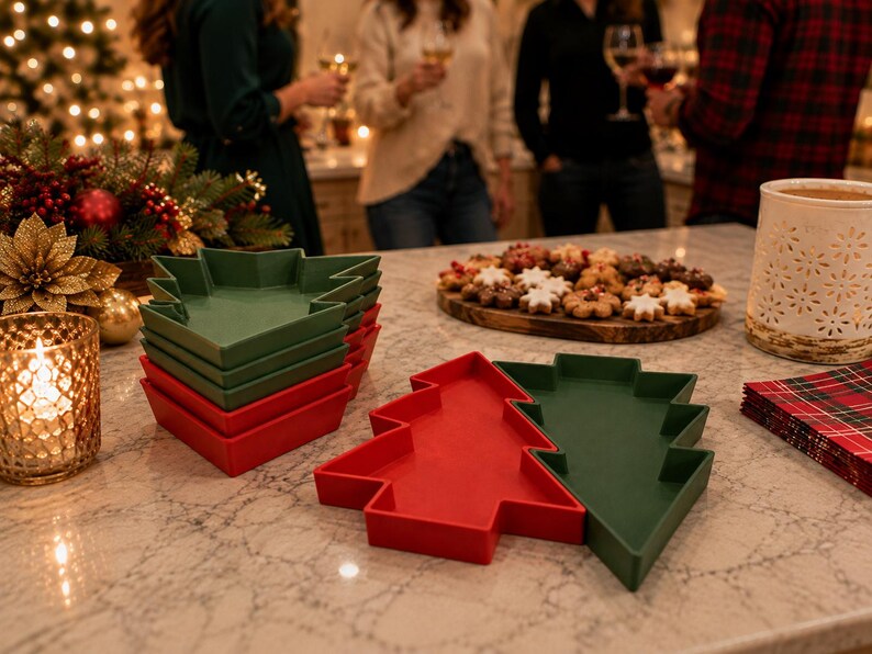 May include: A stack of green Christmas tree-shaped plates and two individual plates in red and green. The plates have raised edges and a flat base. These festive serving dishes are arranged on a light-colored countertop alongside holiday decor.