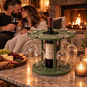 May include: A circular olive green wine bottle and glass holder featuring an intricate embossed grape vine pattern. The stand holds one central bottle of Josh Cabernet Sauvignon and has six slots around the perimeter for hanging stemmed wine glasses.