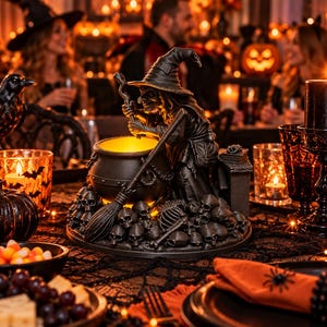 May include: A dark-toned witch figurine standing over a glowing cauldron, holding a staff and leaning on a broomstick. The base is decorated with a pile of skulls and bones. The cauldron emits a warm yellow light, creating a focal point.