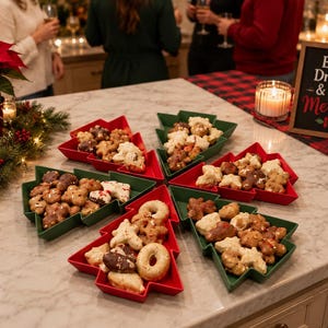 May include: A set of five Christmas tree-shaped serving dishes in red and green, filled with assorted cookies. The dishes are arranged on a marble countertop. A small wooden sign with the text Eat Drink & be Merry is visible nearby.