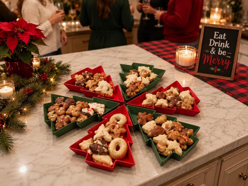 May include: A set of five Christmas tree-shaped serving dishes in red and green, filled with assorted cookies. The dishes are arranged on a marble countertop. A small wooden sign with the text Eat Drink & be Merry is visible nearby.