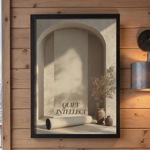 May include: A framed wall art print featuring an architectural archway with a beige background, a rolled mat, two small ceramic vases, and a dried plant branch. The text "QUIET INTELLECT" is printed in black in the center of the composition.