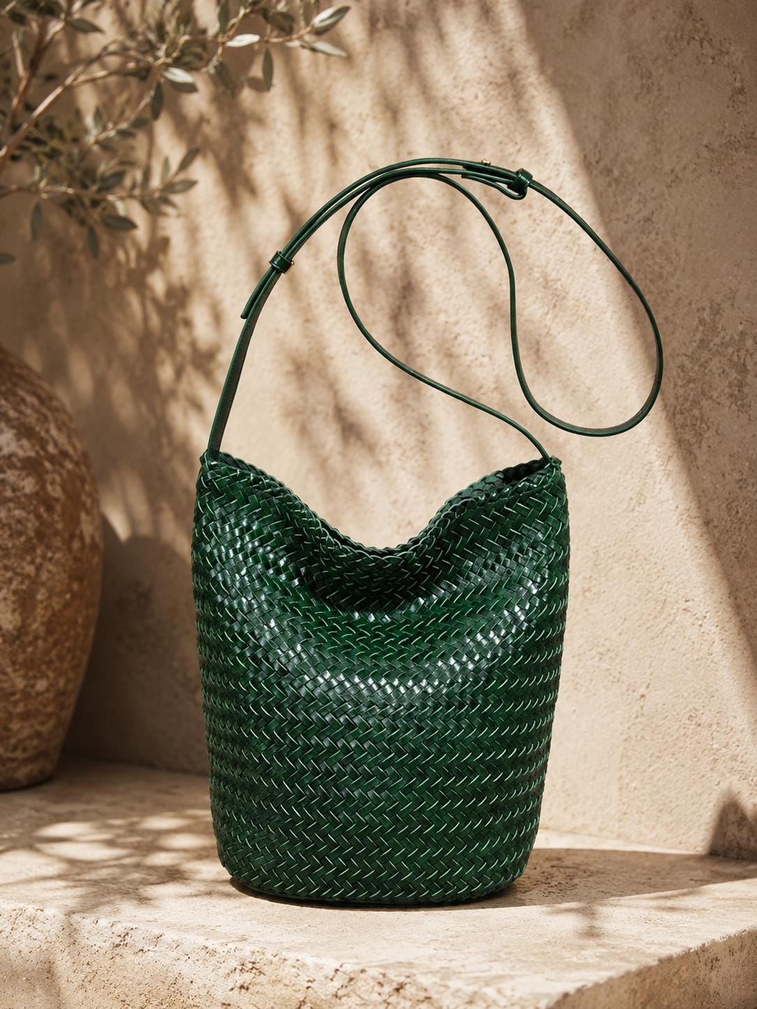 Emerald Green Leather Bucket Bag, Woven Shoulder Bag, Handmade