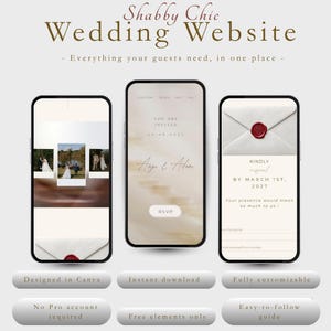 Peut inclure: Trois smartphones affichant un modèle de site web de mariage avec le texte Shabby Chic Wedding Website, Everything your guests need, in one place, You Are Invited, Ange & Adam, RSVP, et Kindly respond by March 1st, 2027, avec six boutons.