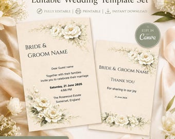 Editable Wedding Invitation Set, Canva Template, Thank You Card, Printable Bridal Stationery, Instant Download