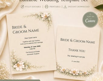 Floral Wedding Invitation Template, Editable Canva Invite, Thank You Card, Printable Wedding Suite