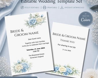 Dusty Blue Wedding Invitation Template, Editable Canva Invite, Thank You Card, Printable Wedding Suite