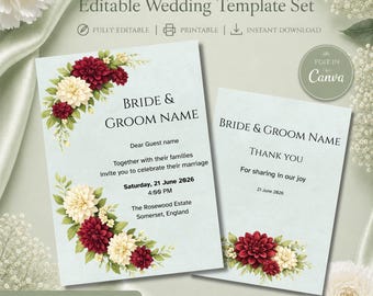Sage Green Wedding Invitation Template, Editable Canva Invite, Thank You Card, Printable Wedding Suite