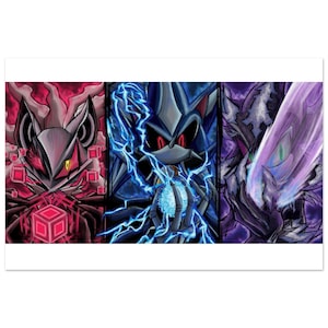 May include: A triptych illustration featuring three distinct characters. The left panel shows a masked figure with red energy cubes. The center panel depicts a metallic character surrounded by blue lightning. The right panel shows a dark figure.