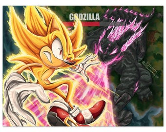 Póster de fanart de Super Sonic contra Godzilla, impresión en papel mate.