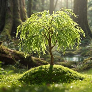 May include: A small, slender tree with vibrant, light green, elongated leaves growing from a central, textured brown trunk. The tree is rooted in a rounded, moss-covered mound of earth, with its branches arching outward in a weeping, willow-like form.