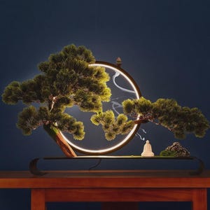 Artificial Pine Bonsai Lamp with LED Ring Light, Zen Desk Decor & Incense Holder