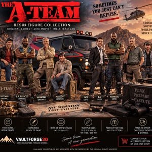 Op de afbeelding: Een promotionele afbeelding voor de The A-Team harsfigurencollectie met personages uit de originele serie en de film uit 2010. De afbeelding toont diverse figuren, een busje en tekst waaronder 'Sometimes you just can't refuse' en 'No mission too tough'.
