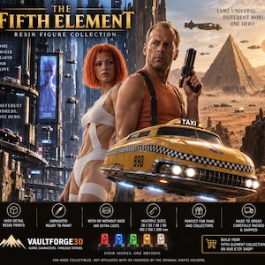 May include: A promotional graphic for The Fifth Element resin figure collection featuring Leeloo and Korben Dallas, a yellow flying taxi, and five elemental stones. Text includes The Fifth Element, Fire Water Earth Air Love, and VaultForge3D.