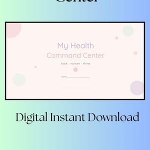 Könnte beinhalten: Eine digitale Gesundheitsplaner-Vorlage mit hellrosa Hintergrund und verstreuten Pastellkreisen. Der Text lautet My Health Command Center, track nurture thrive, sowie Nome, gefolgt von zwei horizontalen Linien zur Eingabe persönlicher Daten.