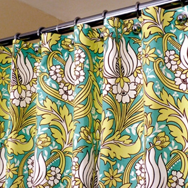 Amy Butler Shower Curtain in Water Lily Pattern in Shades of Green and White sized 72" x 72" (curtain hooks sold separately)