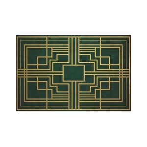May include: A rectangular rug featuring a deep forest green background with a symmetrical, geometric pattern composed of thin, intersecting gold lines that form a series of nested rectangles and stepped, maze-like shapes across the surface.