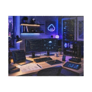 Puede incluir: Un rompecabezas que muestra un espacio de trabajo con una computadora portátil, dos monitores, un teclado, un ratón, una tableta y un router sobre un escritorio de madera. La escena presenta iluminación ambiental azul, un servidor y un icono de nube de neón.