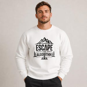 Escape the Algorithm Crewneck Sweatshirt | Mountain Camping Graphic
