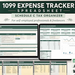 Peut inclure: Un tableur numérique de suivi des dépenses 1099 et un organisateur fiscal Schedule C pour les indépendants. L'écran affiche un tableau de bord avec des données financières, des graphiques et des onglets pour les revenus, dépenses et reçus.