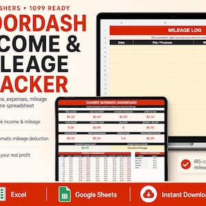 Op de afbeelding: Een digitaal spreadsheet voor het bijhouden van DoorDash-inkomsten en kilometerstanden, met een zakelijk dashboard en een IRS-conform rittenlogboek. De lay-out bevat kolommen voor datum, reisdoel, mijlen en aftrekposten voor Excel en Google Sheets.