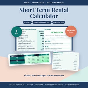 Puede incluir: Una plantilla de hoja de cálculo digital Short Term Rental Calculator para Excel y Google Sheets. La interfaz muestra 15 entradas, una cuadrícula de ocupación de equilibrio y una tabla de zona de trato. El texto incluye "GOOD DEAL" y "1 PAGE."