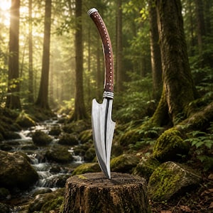 Puede incluir: Una hoja de metal curva con un mango de madera oscura que presenta detalles plateados y una fila de pequeños puntos blancos, incrustada verticalmente en un tocón de árbol circular y rugoso. La hoja tiene una punta afilada y una cresta central.