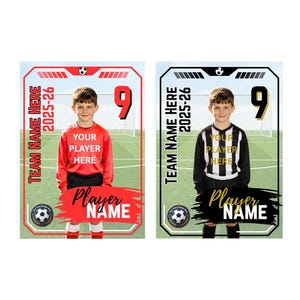 Może przedstawiać: Dwie prostokątne karty sportowe z piłkarzem. Lewa karta ma czerwoną ramkę z napisem Team Name Here 2025-26, Your Player Here oraz Player Name. Prawa karta ma czarną ramkę z identycznym układem tekstu i grafiką piłkarza w stroju.