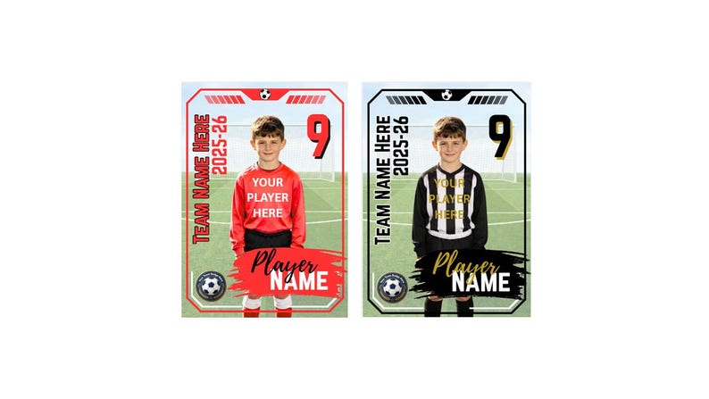 Może przedstawiać: Dwie prostokątne karty sportowe z piłkarzem. Lewa karta ma czerwoną ramkę z napisem Team Name Here 2025-26, Your Player Here oraz Player Name. Prawa karta ma czarną ramkę z identycznym układem tekstu i grafiką piłkarza w stroju.