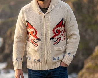 Unisex Woodland Fox Knit Cardigan, Oversized Button Up Sweater, Vintage Animal Pattern Jumper, Cosy Autumn Winter Clothing