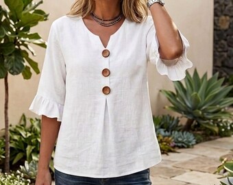 Cotton Linen V Neck Blouse, Ruffle Sleeve Button Top, Boho Summer Shirt