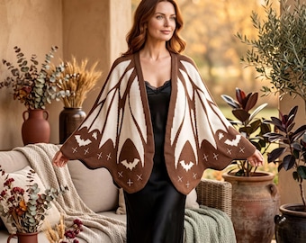 Halloween Bat Wing Cardigan, Women’s Oversized Knit Shawl, Spooky Gothic Cape Wrap, Orange or Blue Autumn Sweater