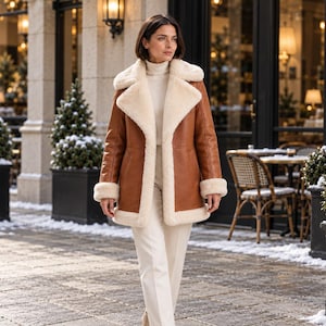 May include: A tan leather jacket with a thick cream-colored faux fur lining, wide lapels, and folded cuffs. The jacket is worn over a cream-colored turtleneck sweater and matching cream-colored trousers, creating a coordinated winter outfit.