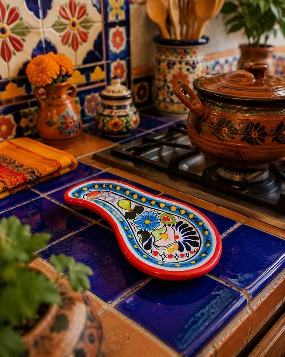 Genuine hand-painted Talavera pottery from Puebla artisans — a centuries-old Mexican folk art tradition that makes your spoon rest an actual cultural artifact.