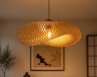 Bamboo Pendant Light, Rattan Chandelier, Wabi Sabi Japandi Ceiling Lamp, Boho Dining Room Hanging Fixture, Organic Modern Lighting