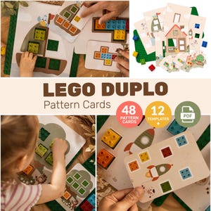 May include: A set of LEGO Duplo pattern cards featuring 48 cards and 12 templates in a PDF format. The cards display colourful illustrations of objects like a rocket, house, and boat with cutouts for placing square plastic building blocks.