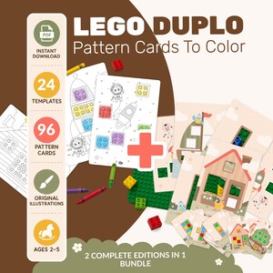 Puede incluir: Un paquete digital de tarjetas de patrones LEGO DUPLO para colorear con 24 plantillas y 96 tarjetas. El set incluye hojas imprimibles con dibujos de cohetes y animales, lápices de colores, una placa base verde y pequeños bloques de plástico.
