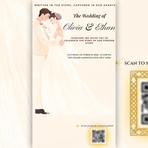 Peut inclure: Un faire-part de mariage crème avec une illustration d'un couple et le texte : WRITTEN IN THE STARS, CAPTURED IN OUR HEARTS, The Wedding of Olivia & Ethan, TOGETHER, WE INVITE YOU TO CELEBRATE THE START OF OUR FOREVER STORY, SATURDAY, OCTOBER 10, 2026, AT 4:00 PM, THE GRAND AMPHITHEATER, NEW YORK, ainsi qu'un code QR avec le texte : SCAN TO SHARE OUR JOY & RSVP.